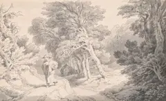 Traveller on a forest path by John White Abbott, Pen and ink sepia wash, sold Oct 2024