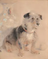 A terrier by a chinese vase by William Huggins, Pencil and coloured chalks on buff paper, sold Oct 2024