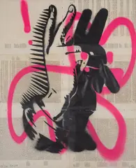 Bunny Fingers by Pure Evil, Screenprint hand-finished with fuchsia spraypaint, sold Jul 2024