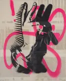 Bunny Fingers by Pure Evil, Screenprint hand-finished with fuchsia spraypaint, sold Jul 2024