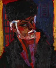 Self-portrait in fur hat by Sven Berlin, Oil on board, offered Jul 2024