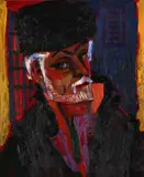 Self-portrait in fur hat by Sven Berlin, Oil on board, offered Jul 2024