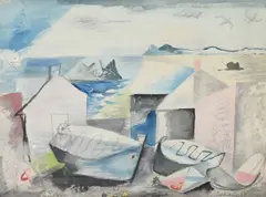 Village and boats by Colin Sealy, Watercolour and charcoal, sold Jul 2024