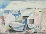 Village and boats by Colin Sealy, Watercolour and charcoal, sold Jul 2024