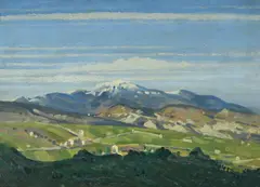 Mountain landscape by Derwent Lees, Oil on panel, offered Jul 2024