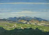Mountain landscape by Derwent Lees, Oil on panel, offered Jul 2024