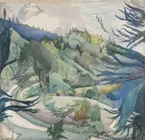 Wooded landscape with a road by John Nash, 1919, Pencil, watercolour, pen and black ink, sold Jul 2024