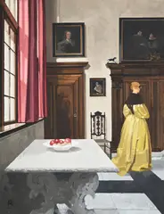 Interior in the manner of vermeer by Peter Kelly, Oil on board, sold Jul 2024