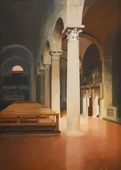 Church interior by Peter Kelly, Oil on canvas-board, sold Jul 2024