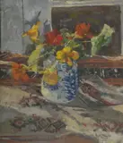 Still life of flowers in a blue and white vase by Mary Jackson, Oil on canvas laid to board, offered Jul 2024