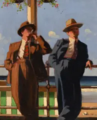 Seaside sharks by Jack Vettriano, Oil on canvas, sold Jul 2024