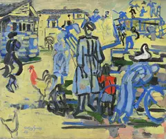 Threshing by Anthony Gross, Oil on canvas, sold Jul 2024