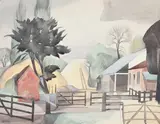 Farmyard scene by John Nash, Pencil and watercolour, sold Jul 2024