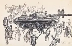 Tank, riots in prague by Angela Conner, Pen, sold Jul 2024