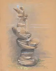 Pebble water feature by Angela Conner, Pastel and charcoal heightens with white, sold Jul 2024