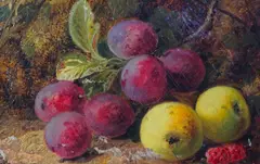 Still life of plums by George Clare, oil on canvas, sold Nov 2024