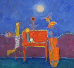 Discussion with Fairies and Friends by Arthur Easton, 1998, oil on board, sold Nov 2024