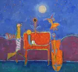 Discussion with Fairies and Friends by Arthur Easton, 1998, oil on board, sold Nov 2024