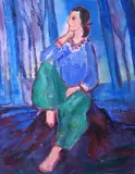 Study of a seated woman by Caroline Conran, oil on board, offered Nov 2024