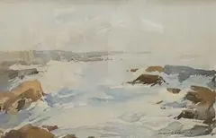 Rocky coastal view by Edward Wesson, watercolour, sold Nov 2024