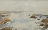 Rocky coastal view by Edward Wesson, watercolour, sold Nov 2024