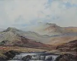 Mountainous scene with waterfall by Dennis Harper, oil on canvas, offered Nov 2024