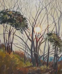 Sun through trees by Charles Wheeler, oil on canvas board, sold Nov 2024