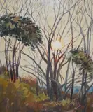 Sun through trees by Charles Wheeler, oil on canvas board, sold Nov 2024