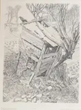 Allotment hut by Charles Joshua Chaplin, 1966, etching, sold Nov 2024