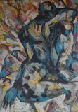 Blue Figure by Arvind Oza, oil on board, offered Nov 2024