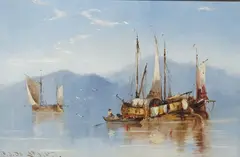 “Dutch shipping on the Rhine” by Charles John De Lacy, 1877, oil on canvas, sold Nov 2024