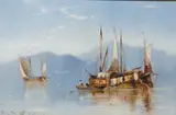 “Dutch shipping on the Rhine” by Charles John De Lacy, 1877, oil on canvas, sold Nov 2024