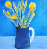 Still life of daffodils in a jug by Caroline Conran, oil on canvas, sold Nov 2024