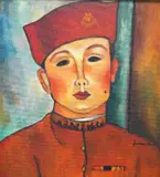 Portrait of a Russian soldier in military dress by Yvonne Eleini, oil on canvas board, sold Nov 2024
