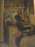Girl at the mirror by Edward Dawson, 1973, oil on board, sold Oct 2024