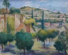 Mediterranean landscape with trees and villas by Guy Roddon, oil on canvas, sold Oct 2024