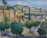 Mediterranean landscape with trees and villas by Guy Roddon, oil on canvas, sold Oct 2024