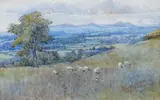 Downland scene with flock of sheep by Edith Cubitt, watercolour, sold Oct 2024