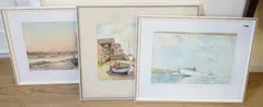 Harbour views with moored boats and boats at sea by J H Powell, watercolor, sold Oct 2024