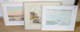 Harbour views with moored boats and boats at sea by J H Powell, watercolor, sold Oct 2024
