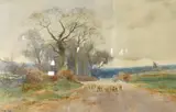 Shepherd with flock of sheep by Henry Charles Fox, watercolour, sold Oct 2024