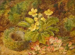 Primrose with birds nest by George Crisp, oil on canvas, sold Oct 2024