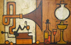 Still life of a gramophone and vessels by Colin Ruffell, oil on board, sold Oct 2024