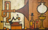 Still life of a gramophone and vessels by Colin Ruffell, oil on board, sold Oct 2024