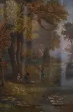 Woodland landscape with three figures beside a stream by T Lawley, oil on canvas, sold Oct 2024