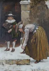 Winter street scene with two figures wearing by George Edward Robertson, oil on canvas, sold Oct 2024
