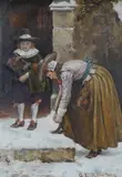 Winter street scene with two figures wearing by George Edward Robertson, oil on canvas, sold Oct 2024