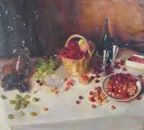 Table top still life with wine by Alfred Bastien, oil on canvas, sold Oct 2024