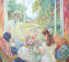 Portrait of the artist with by John Strevens, oil on board, sold Oct 2024
