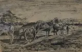 Carters in a landscape by Berenger Benger, ink, sold Oct 2024